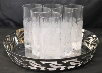 Set Of Six Heavy Crystal Etched Water Glasses- 5.5 Inches T, And Polished Silver Metal Tray Has Pierced Border