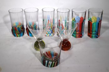 Lot Of 9 Colorful Murano Glasses Made In Venice, Featuring Water Glasses And  More