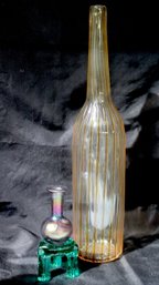 Tall Hand-blown Glass Bottle And Signed Art Glass Vase.
