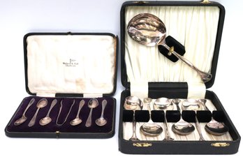 Antique English Silverplate Demitasse Spoons By Walker & Hall Sheffield With Case & Vintage Soup Spoons