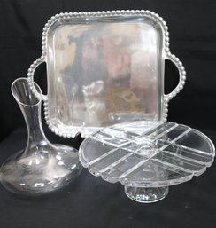 Stylish Pedestal Cake Dish, Glass Wine Decanter And Metallic Serving Tray With Studded Accents