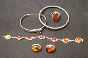 Sterling Silver And Amber Collection Including Rings, Bracelets And Earrings