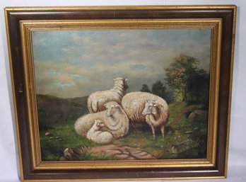 Vintage Oil Painting Of Woolly Sheep And Lamb In Pasture