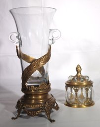 Castilian Imports Brass/glass Centerpiece Vase Includes A Pretty Glass And Bubble Glass Trinket/powder Box Wit