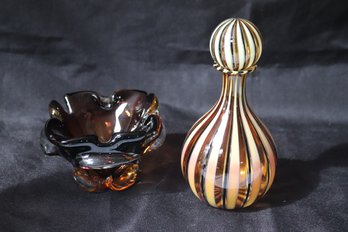 Small Murano Glass Bowl And Art Glass Bottle With Stopper.
