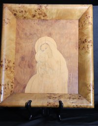 Antique Inlaid Burl Wood Artwork Of Madonna And Child In Burl Wood Frame.