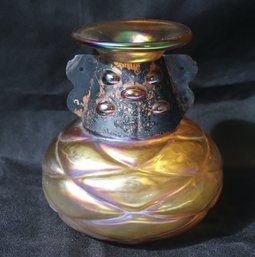 Silvestri Iridescent Amber Glass Vase With Oxidized Metal Trim