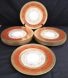 Set Of 12 Hutschenreuther Favorite Selb Bavaria Gold And Persimmon Banded