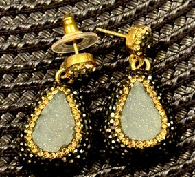 Sterling Silver Pair Of Unusual Blue Quartz And Marcasite Earrings