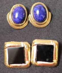 14K YG Two Pair Of Contemporary Style Earrings - One Has Onyx Inserts, The Other Has Lapis Cabuchons