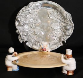 Cute Metal Platter With Fruit Design And Ceramic Cake Holder With Three Chefs.