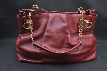Salvatore Ferragamo Designer Leather Chain Tote Handbag Made In Italy In A Pretty Burgundy/auburn Like Tone