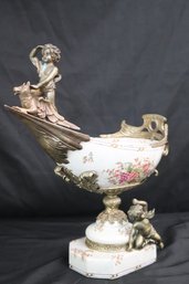 English Style Hand Painted Porcelain Centerpiece With Cherubs, And Bronze Embellishments.