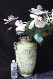 Tall Green Ceramic Vase With Embossed Design And Faux Flowers