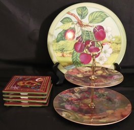 Decorative Serving Pieces With Two Tier Cookie Tray, Ceramic Trivets And Large Ceramic Trivet.