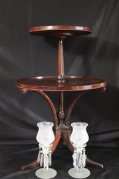 Vintage Carved Wood Pie Table & Elegant Frosted Candle Garnitures With Hanging Crystal Accents