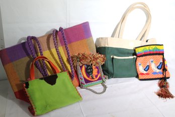Lot Of 5 Fun And Funky Handbags With Beach Bag, Needlepoint, And Other Styles