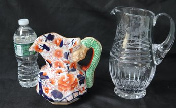 English Ironstone Pitcher And Cut Crystal Pitcher.