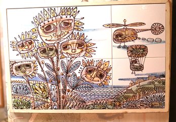 Hand Painted, Porcelain Tile Plaque With Stylized Sunflowers And Flying Machines, Signed And Dated