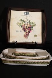 Three Pieces Of Ceramic Kitchenware, Including American Atelier Bouquet Garni And Tiled Tray.