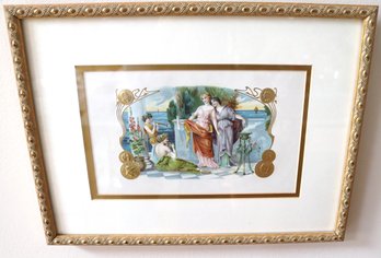 Vintage Neoclassical Print With Gold Embossed Figures, Beautifully Framed.