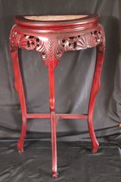 Carved Wood Demilune Accent Table With Carved Fan Details & Marble Insert
