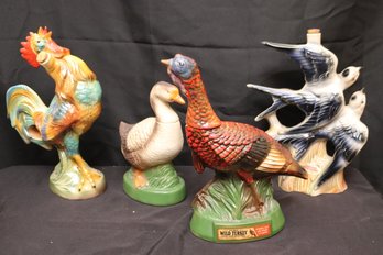 Collectible Decanters, Ezra Brooks 1974 Pheasant, Austin Nichols Wild Turkey, Barsottini Vino Rosso Rooster