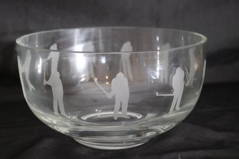 Large Vintage Glass Bowl With Frosted Glass Accents Of Golfers.