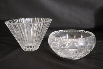 Two Contemporary Crystal Bowls, One Is A Modern Orrefors With Vertical Cuts.