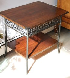 Victorian Style Wooden Table With Metal Legs And Embellishments