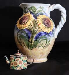 Italian Ceramic Sunflower Pitcher And Decorative Miniature Enamel Teapot.