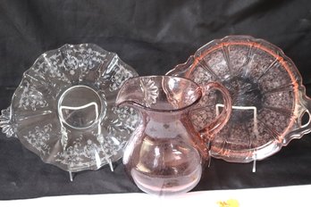 Pink Glass Pitcher With 2 Art Deco Serving Plates.
