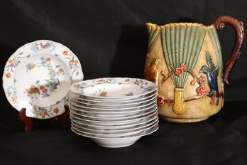 12 Haviland, Limoges Golden Quail Soup Bowls And Contemporary Majolica Style Pitcher.