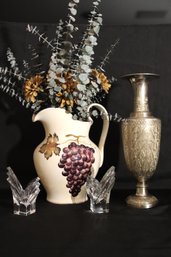 Solid Brass Handcrafted Vase, Pair Of Modern Glass Candlesticks, And Ceramic Pitcher With Faux Flowers.