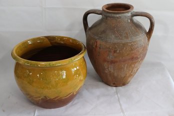 Two Terracotta Pieces With Unglazed Handled Urn And Mustard Colored Glazed  Planter