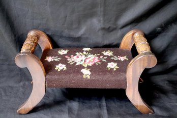 Small Carved Wooden Footstool With Needlepoint