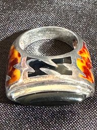 Sterling Silver Stylish Onyx And Stone Inlay Ring-Size 8 By Designer FLLI Menegatti, Italy