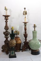 Lot Of 5 Assorted Table Lamps With Green Crackled Chinese Style, Tall Candlesticks  And Glazed Urn