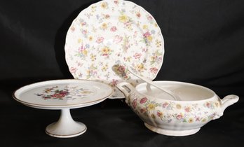 Ligne Limoise French Porcelain Floral Designed Tureen, Underplate, And Ladle