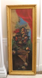 Tall Canvas Artwork With Parrot Atop Cornucopia Of Fruit, In A Gilded Empire Style Wood Frame.