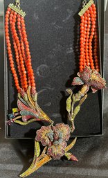 Heidi Daus 18-22 Inch 5 Strand Carnelian Beaded Necklace With Stunning 3 Section Floral Centerpiece -signed