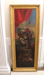 Tall Canvas Artwork With Parrot Atop Cornucopia Of Fruit, In A Gilded Empire Style Wood Frame.