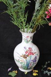 Porcelain Vase With Iris Flowers And Silk Floral Arrangement.