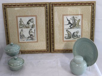 Two Framed Antique Style Monkey Prints And Celadon Ceramics