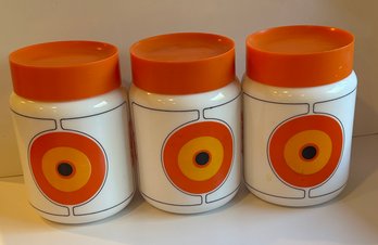 3 70's Style Cannisters For Flour, Tea And Sugar Measuring 7 3/4 Inches Tall With Seal