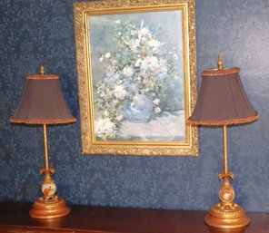 Pair Of Stone Accented Table Lamps With Silk Pleated Shades & Still Life Print By Renoir