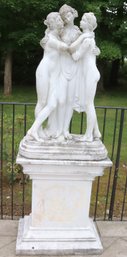 Outdoor Cement Sculpture Of The Three Graces On Cement Pedestal.