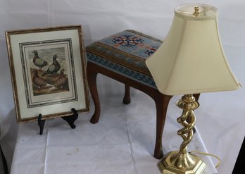 Lot Of Home Dcor With Needlepoint Stool, Homing Pigeon Print And  Brass Barley Twist Lamp