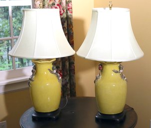 Pair Of Fine Yellow Crackle Finished Table Lamps With Budding Floral Accents And A Pleated Silk Shade