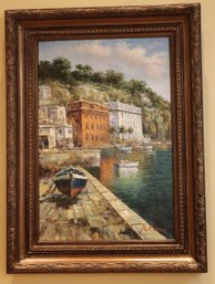 Canal Scene Painting Signed By The Artist A. Piazzoni In A Bronze Toned Frame